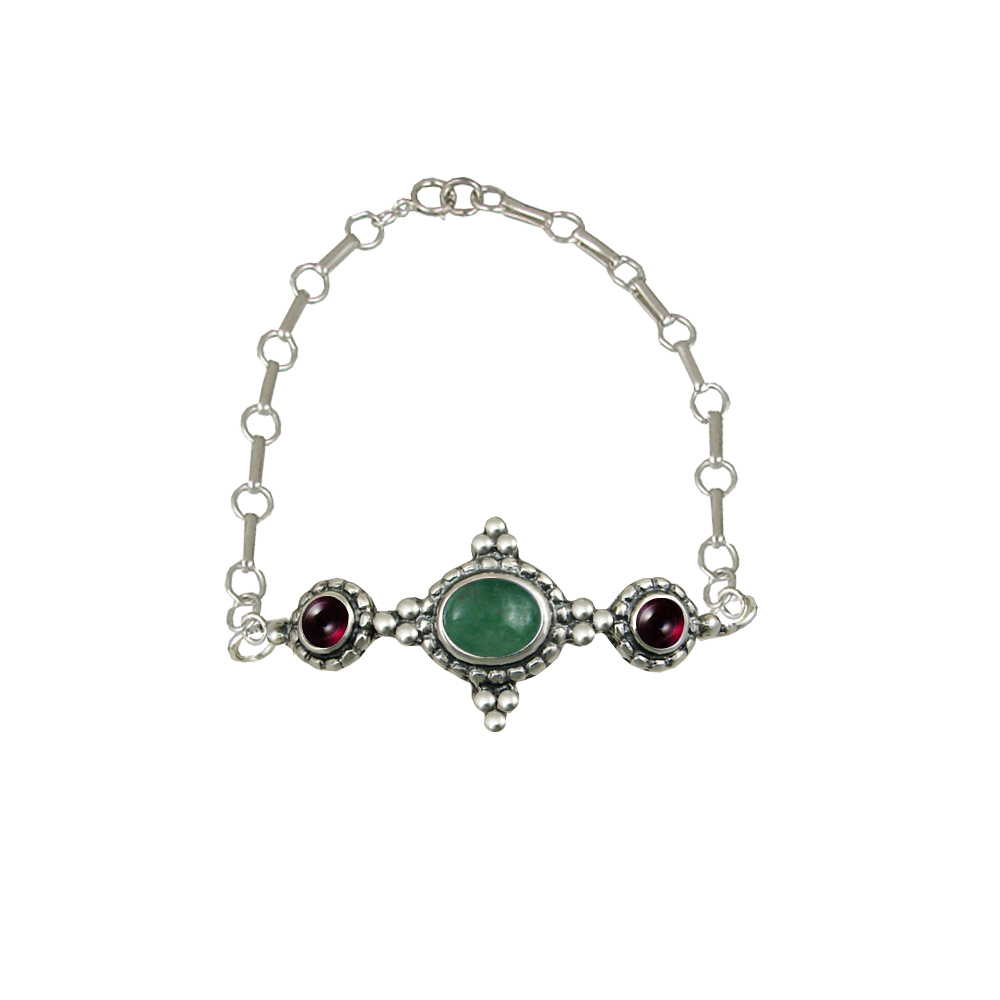 Sterling Silver Gemstone Adjustable Chain Bracelet With Jade And Garnet